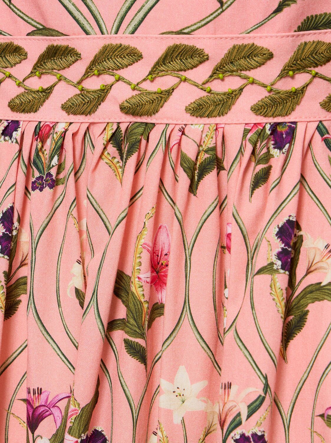 Pink floral-print puff-sleeve midi dress showcased in a stylish display