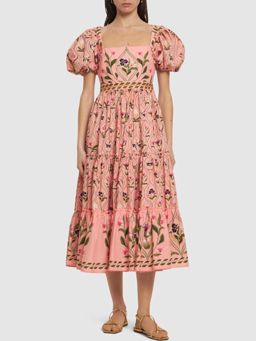 Floral-Print Puff-Sleeve Midi Dress in Pink with vibrant floral pattern and stylish design