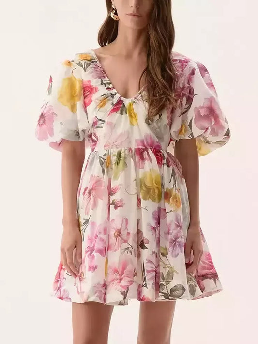 Floral Print Ruched Detail Fit and Flare Mini Dress - Dresses