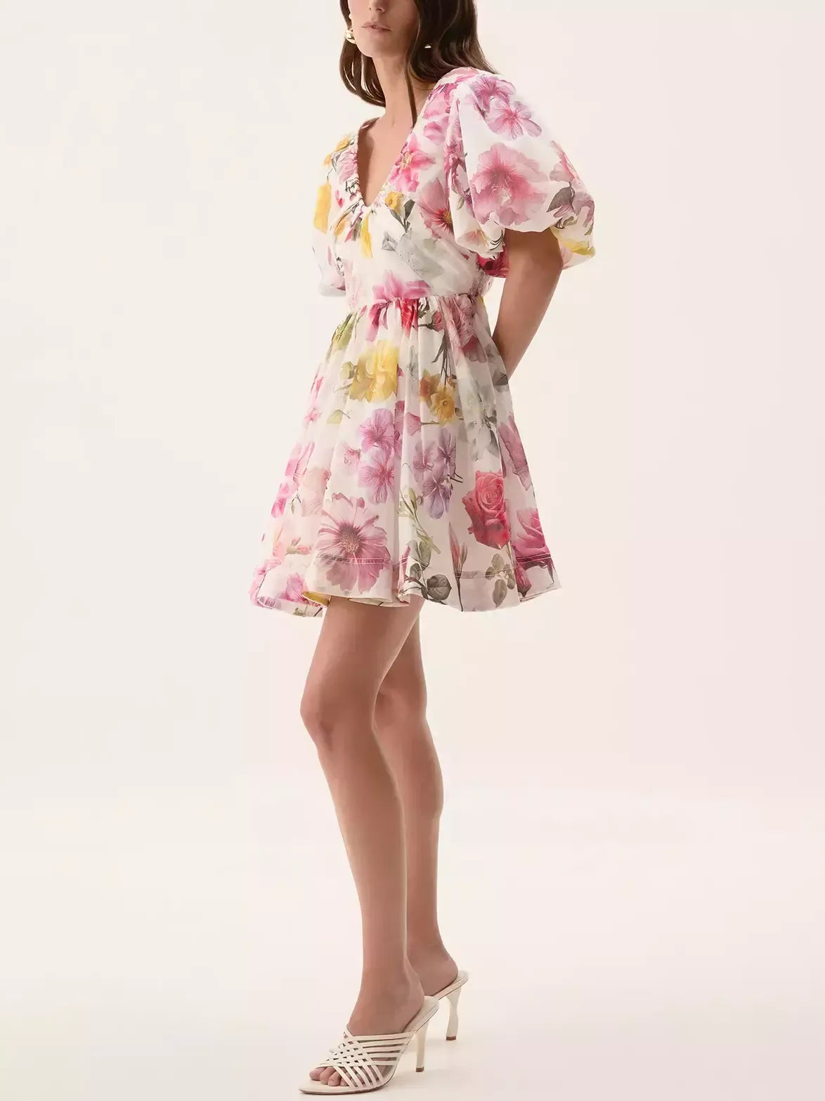 Floral Print Ruched Detail Fit and Flare Mini Dress - Dresses