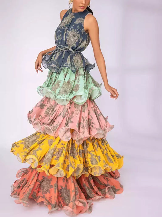 Floral Print Ruffle Layered Tiered Sleeveless Maxi Dress - Dresses