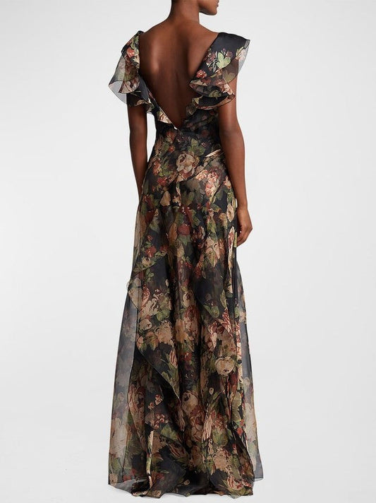 Floral Print Ruffled V-Neck Silk Maxi Dress - Dresses