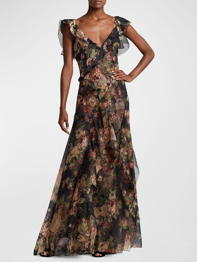 Floral Print Ruffled V-Neck Silk Maxi Dress - Dresses