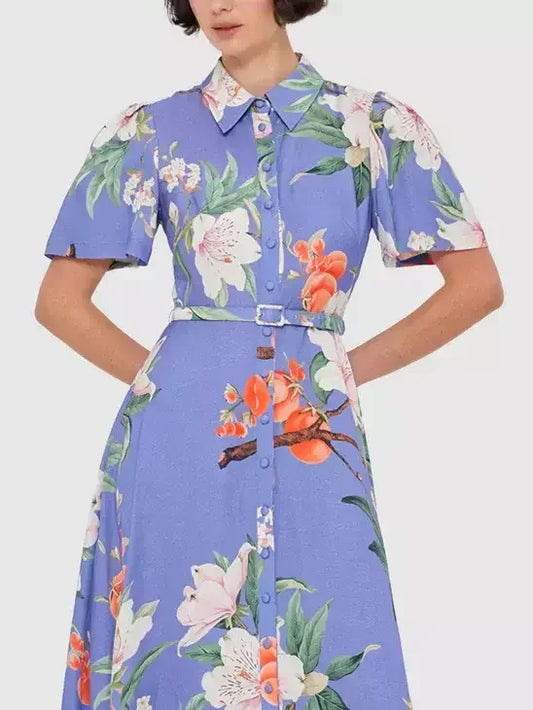 Floral Print Short-Sleeve Frill-Hem Dress - Dresses