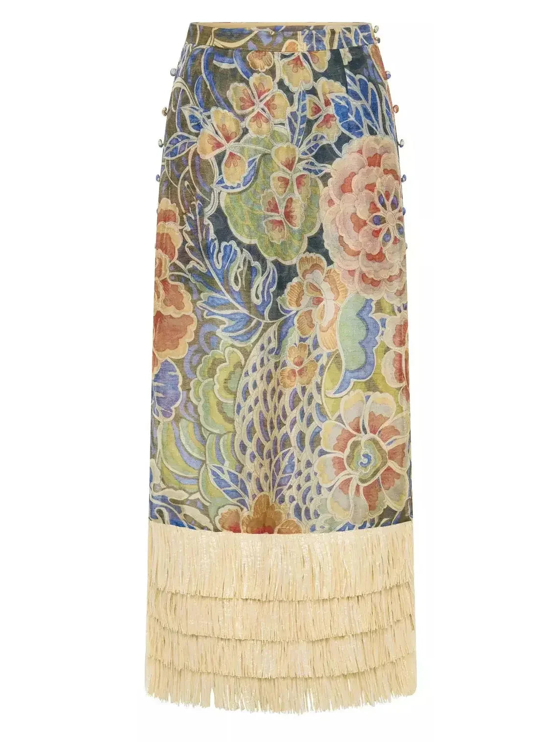 Floral Print Silk and Linen Blouse and Fringed-Hem Skirt Set - Suits & Sets