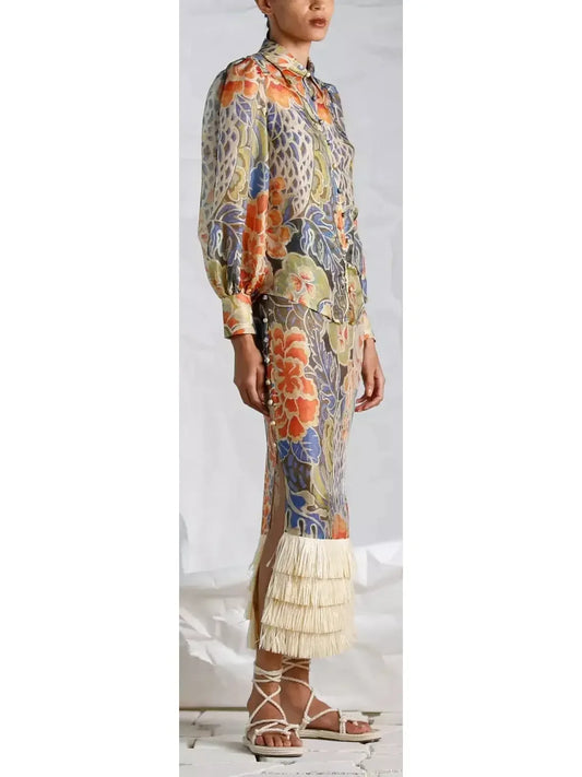 Floral Print Silk and Linen Blouse and Fringed-Hem Skirt Set - Suits & Sets