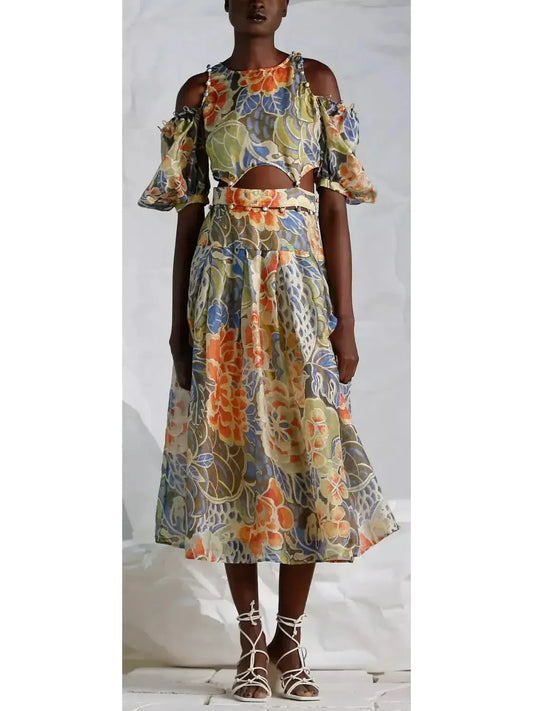 Floral Print Silk and Linen Detachable Midi Dress - Dresses