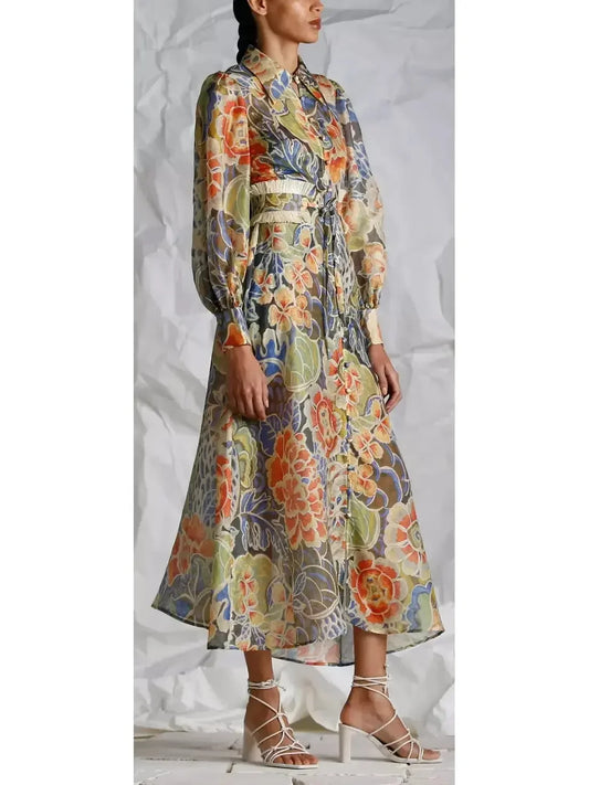 Floral Print Silk and Linen Fringed-Belted Midi Dress - Dresses