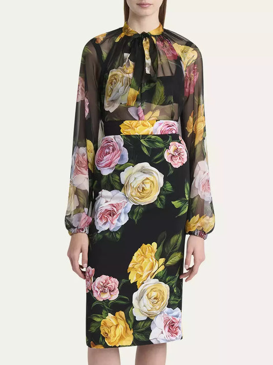 Floral print silk chiffon cropped blouse and skirt set with sheer sleeves