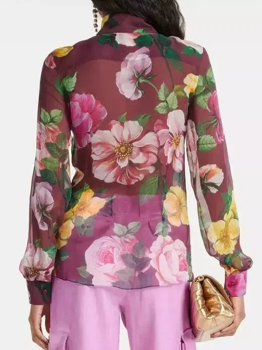 Floral Print Silk Chiffon Sheer Blouse - Tops