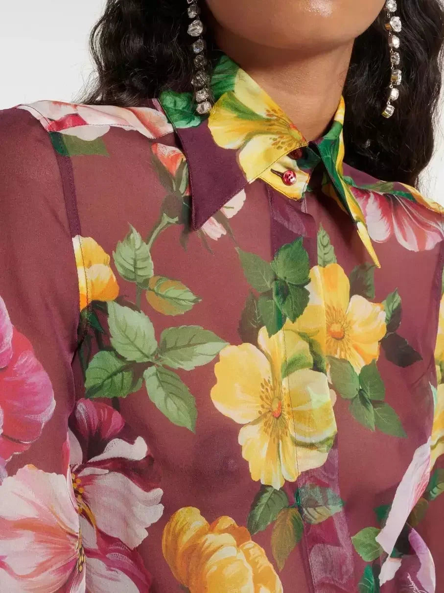 Floral Print Silk Chiffon Sheer Blouse - Tops