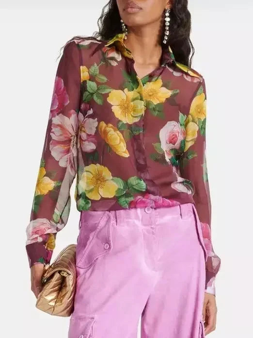 Floral Print Silk Chiffon Sheer Blouse - Tops