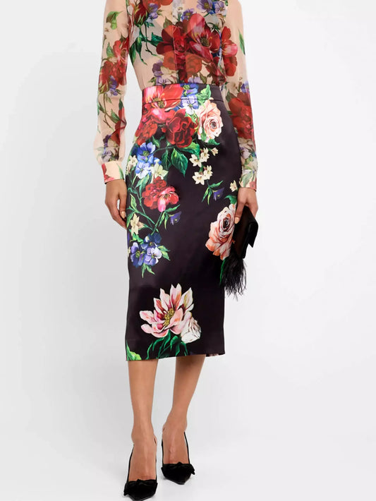 Floral Print Silk Pencil Midi Skirt - Skirts