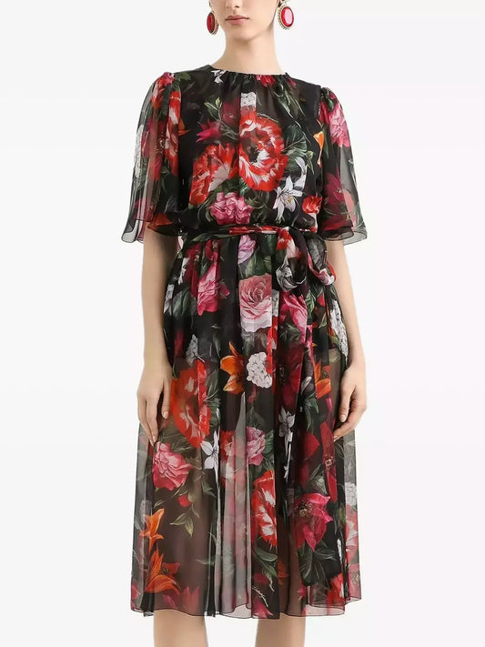 Floral Print Silk Short-Sleeve Midi Dress - Dresses