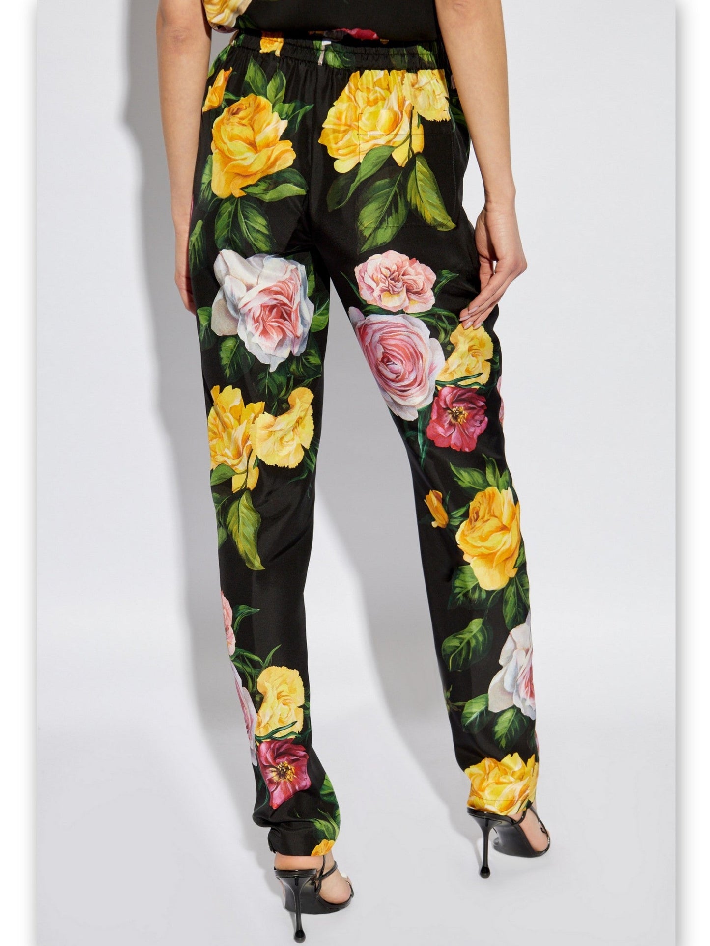 Floral Print Silk Tie-Waist Pants featuring a stylish floral print design on black fabric