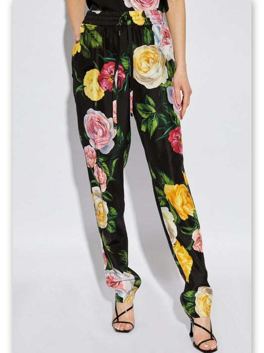 Floral Print Silk Tie-Waist Pants featuring a stylish floral print design and drawstring waist