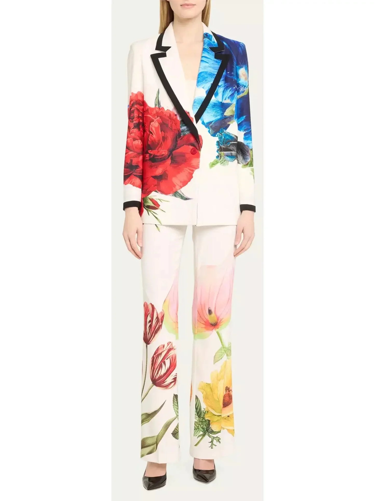 Floral Print Single-Breasted Notched Collar Blazer and Bootcut Trouser Set - Suits & Sets
