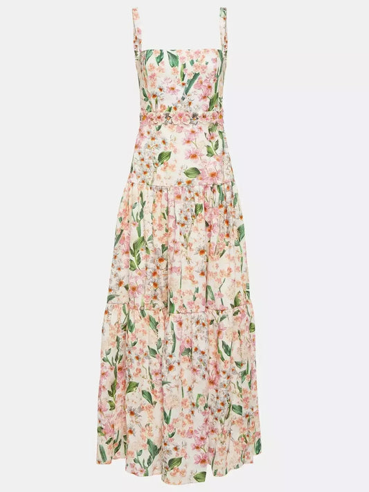Floral Print Sleeveless Maxi Dress with Embroidery - Dresses