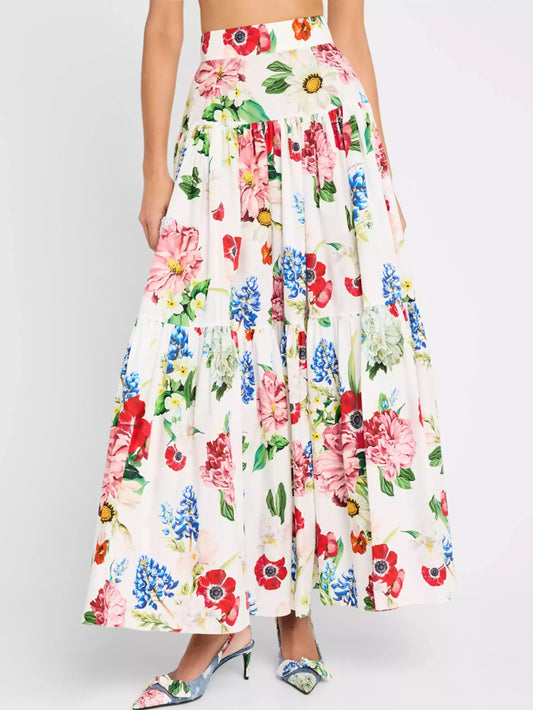 Floral Print Tiered Cotton Maxi Skirt - M - Skirts