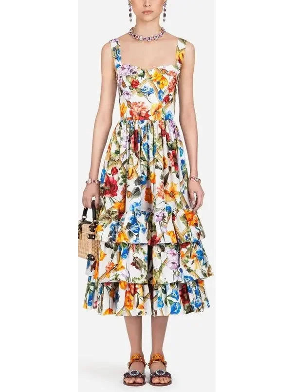 Floral-Print Tiered-Ruffle Midi Dress