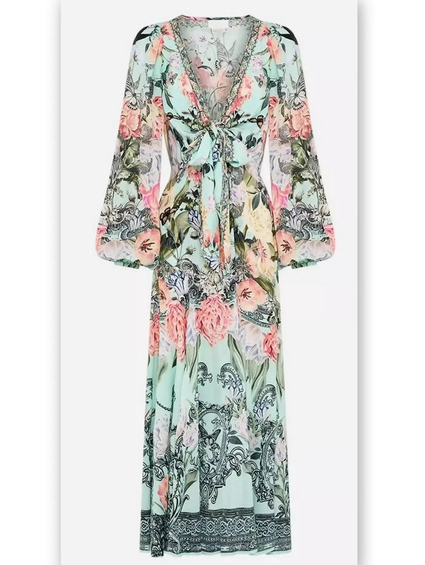 Floral Print V-Neck Blouson-Sleeve Wrap-Tie Dress - Dresses