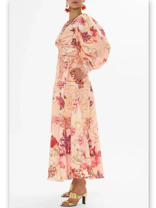 Floral-Print V-Neck Silk Dress with Shaped Waist Band - Dresses