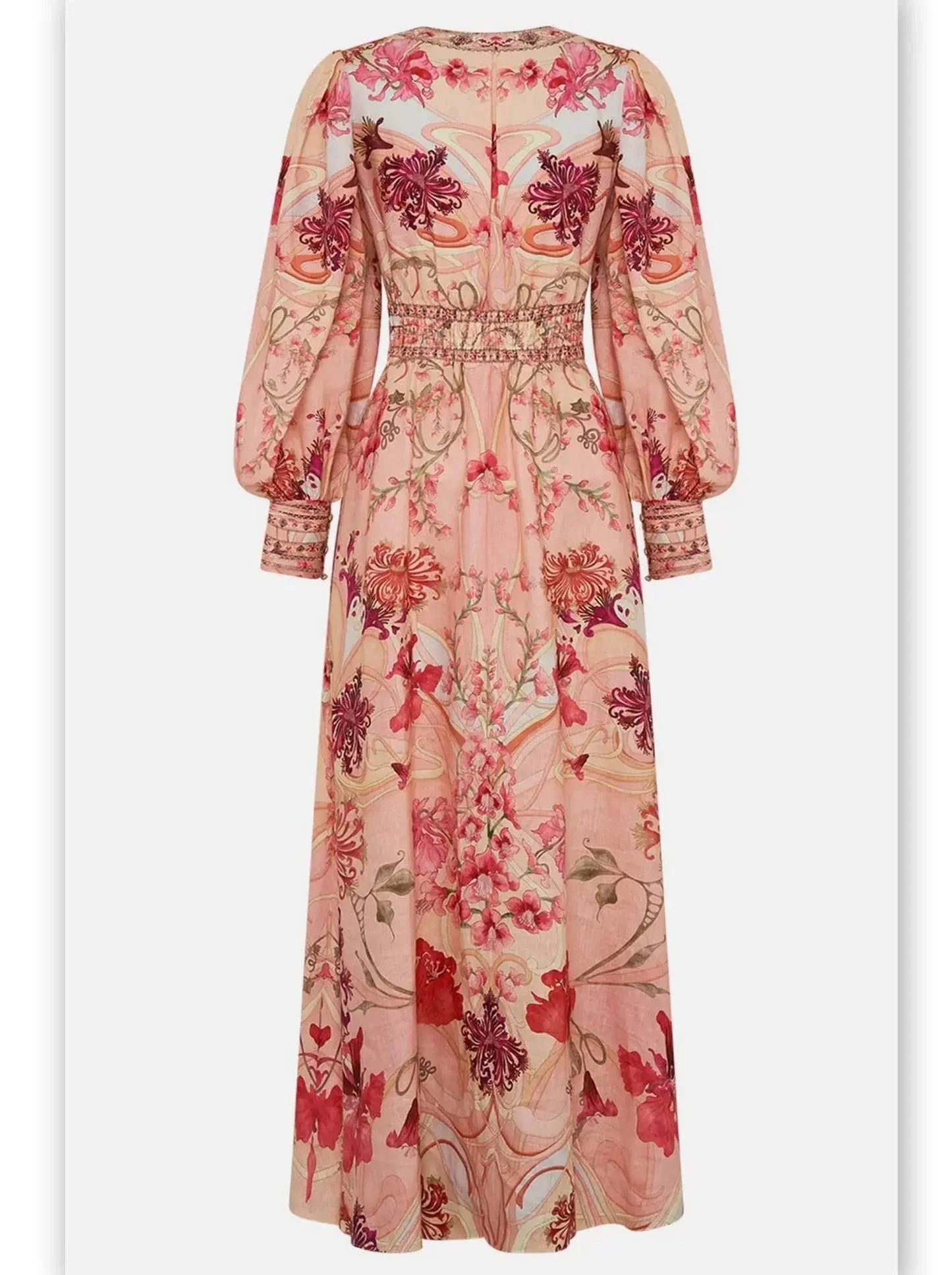 Floral-Print V-Neck Silk Dress with Shaped Waist Band - Dresses