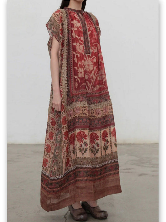 Floral Print Vintage Maxi Kaftan Dress with vibrant floral patterns on soft fabric