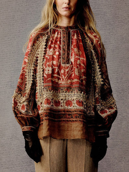 Red and brown patterned Floral Print Vintage Ramie Blouse for stylish vintage fashion