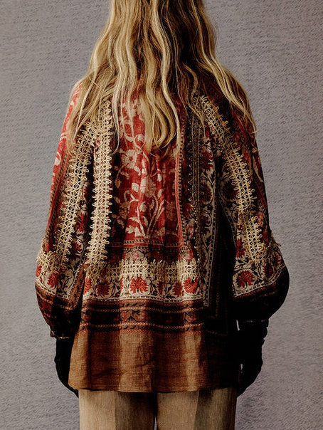 Red and brown patterned Floral Print Vintage Ramie Blouse for stylish outfits