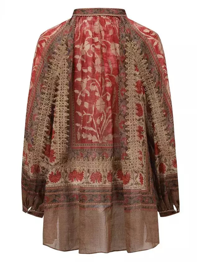 Floral patterned red and brown kimono featured in Floral Print Vintage Ramie Blouse