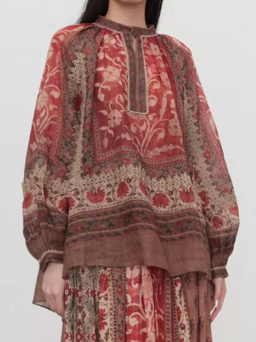 Red and brown patterned Floral Print Vintage Ramie Blouse showcasing stylish design