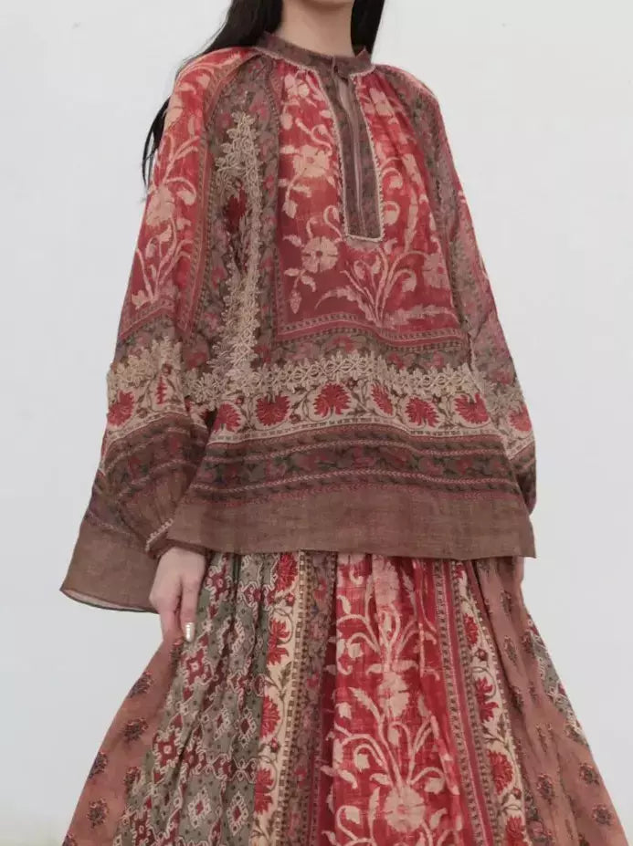 Red and brown patterned Floral Print Vintage Ramie Blouse for stylish outfits