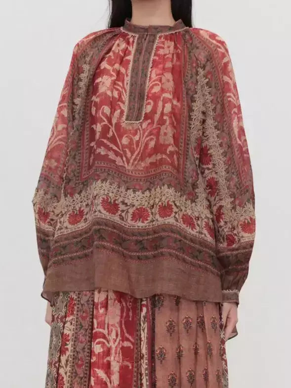 Red and brown patterned Floral Print Vintage Ramie Blouse for stylish outfits