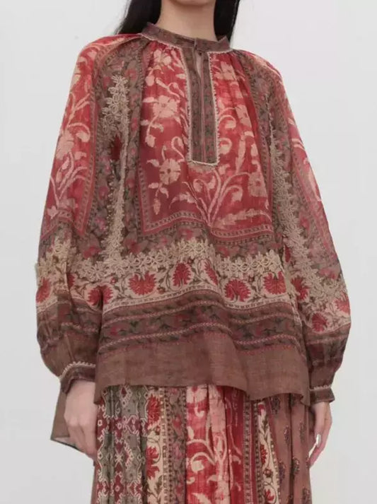 Red and brown patterned Floral Print Vintage Ramie Blouse showcasing a chic design