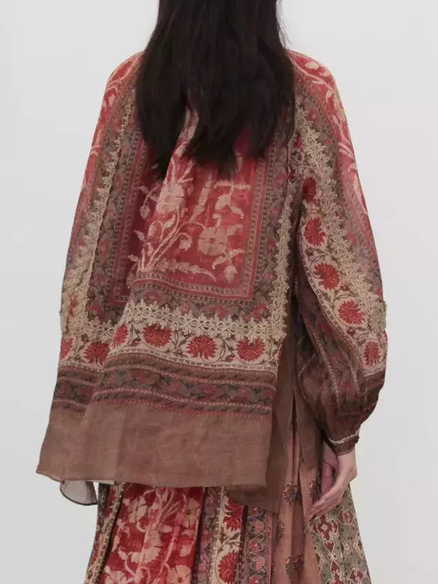 Floral patterned red and brown kimono on Floral Print Vintage Ramie Blouse