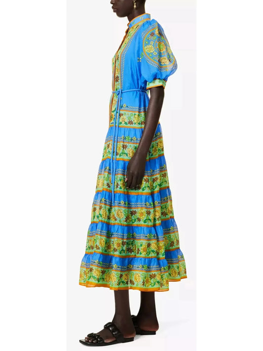 Floral-Print Woven Midi Dress in Blue and Green - Dresses