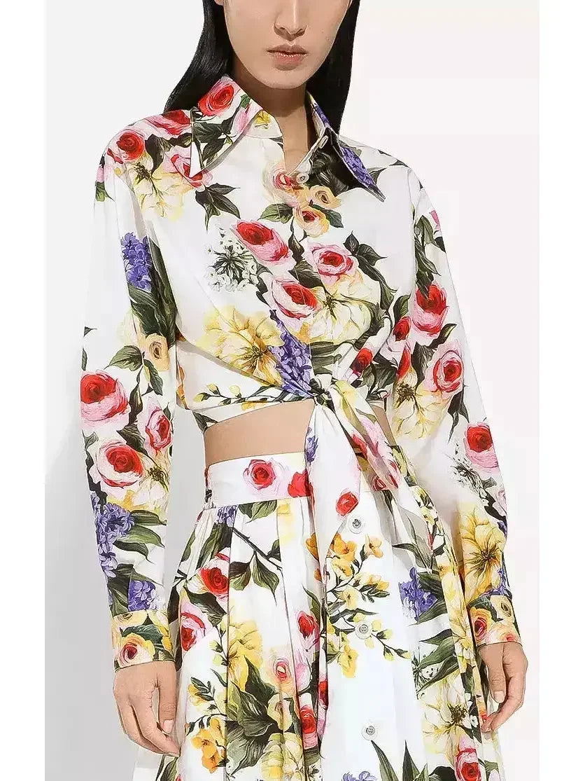 Floral Printed Cropped Cotton Shirt and Pant Set - Suits & Sets