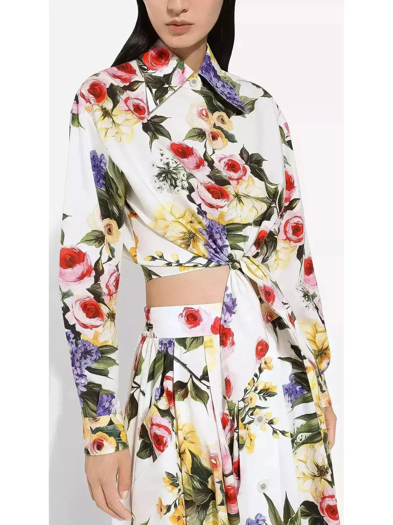 Floral Printed Cropped Cotton Shirt and Pant Set - Suits & Sets