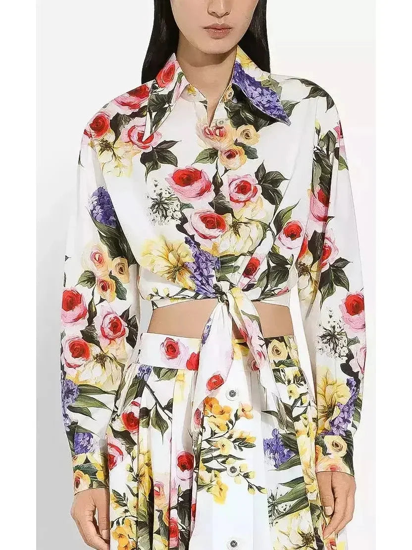 Floral Printed Cropped Cotton Shirt and Pant Set - Suits & Sets