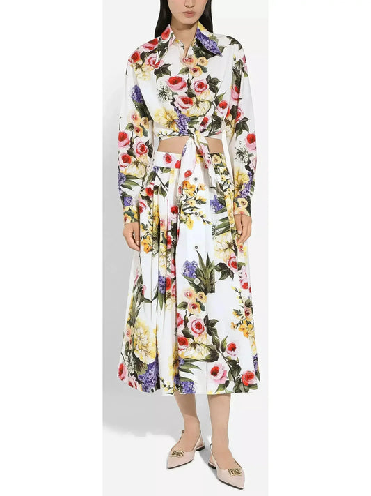 Floral Printed Cropped Cotton Shirt and Skirt Set - Suits & Sets