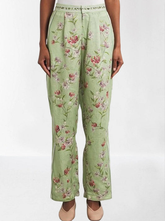 Floral-Printed Linen Tapered Green Pants - Jeans & Pants