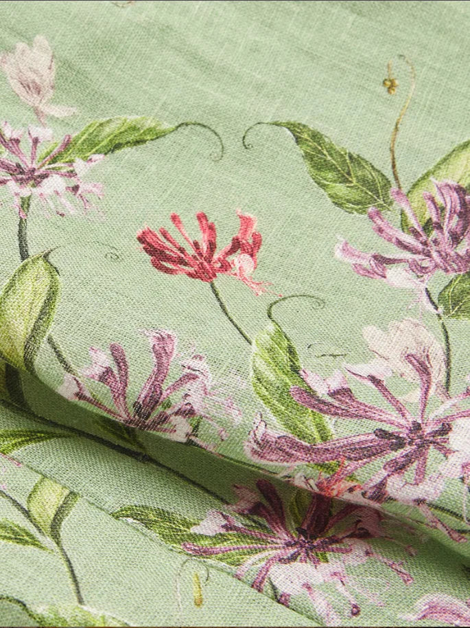 Floral-Printed Long Green Linen Shirt - Tops