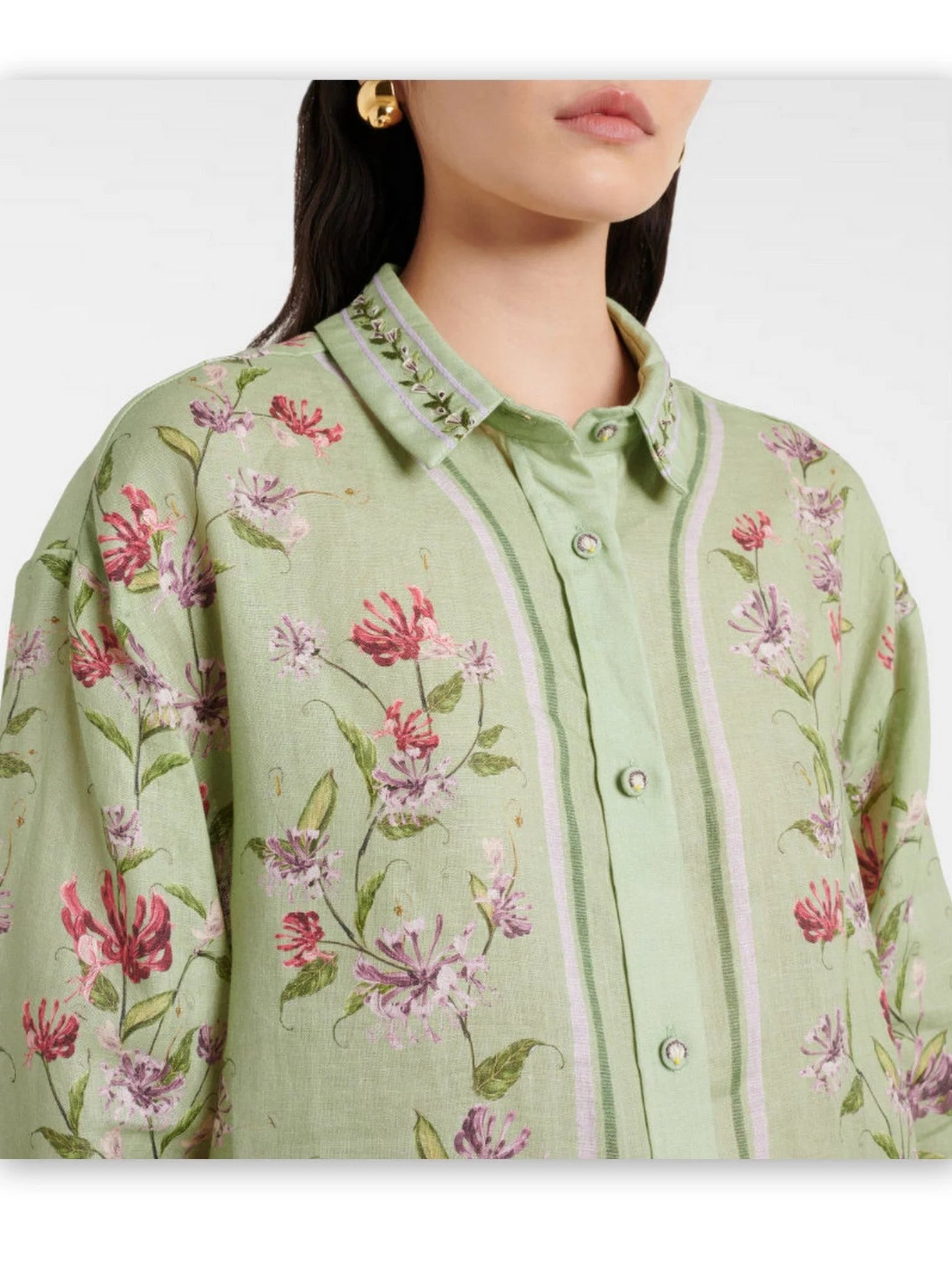 Floral-Printed Long Green Linen Shirt - Tops