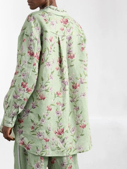 Floral-Printed Long Green Linen Shirt - Tops