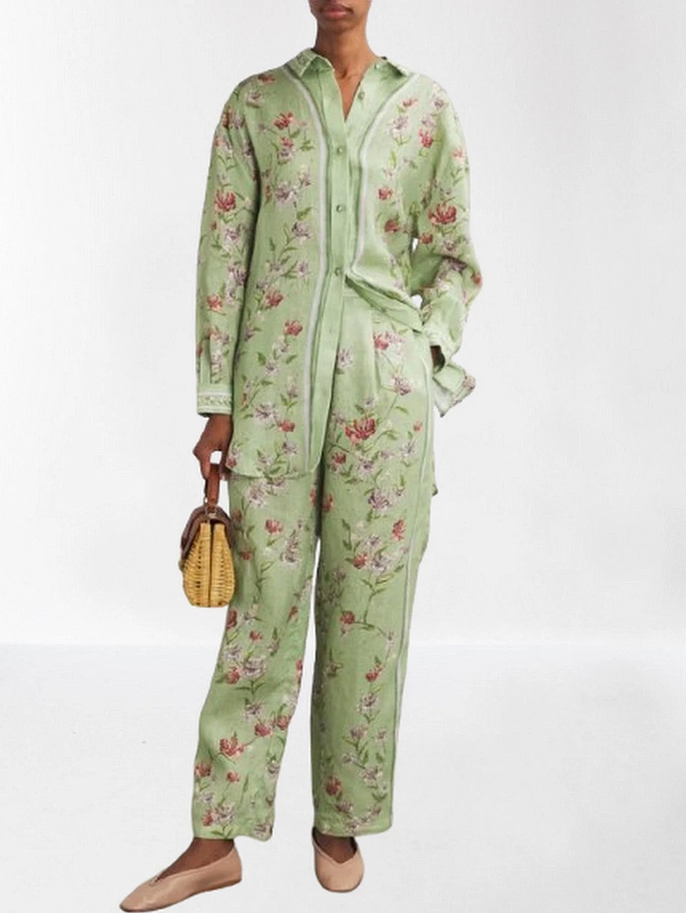 Floral-Printed Long Green Linen Shirt - Tops