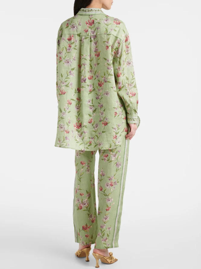 Floral-Printed Long Green Linen Shirt - Tops