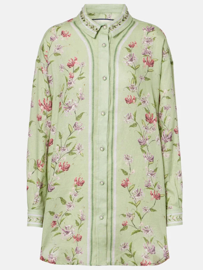 Floral-Printed Long Green Linen Shirt - Tops