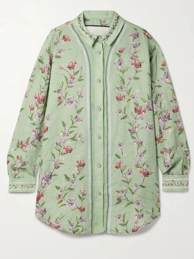 Floral-Printed Long Green Linen Shirt - Tops