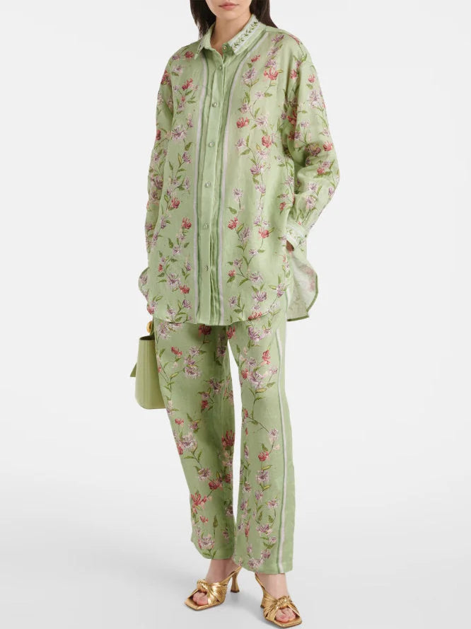 Floral-Printed Long Green Linen Shirt - Tops